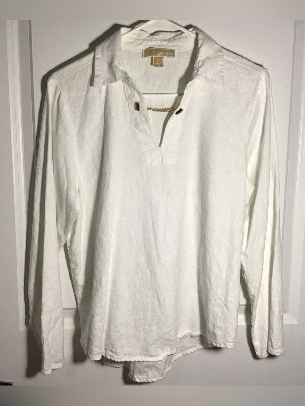 Michael Kors White Long-Sleeve Linen Tunic Top with Gold Chain Detail M